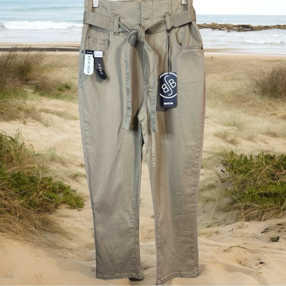 Boom Boom High Rise Tie Belt Slim Straight Stretch Crop Olive Green Jeans Pants